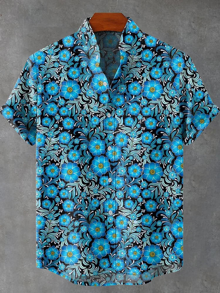 Elijah Small Blue Flowers Vintage Print Casual Shirt