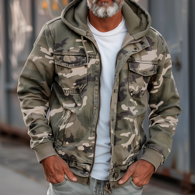 Bennie- Men's Camouflage Hooded Multi-pocket Zip Cargo Jacket