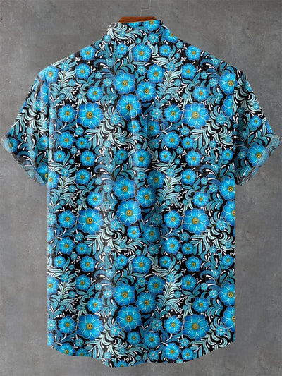 Elijah Small Blue Flowers Vintage Print Casual Shirt