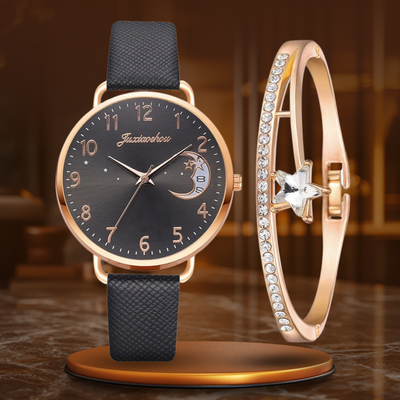 Moon Numbers Dial Watch and Bracelets Set