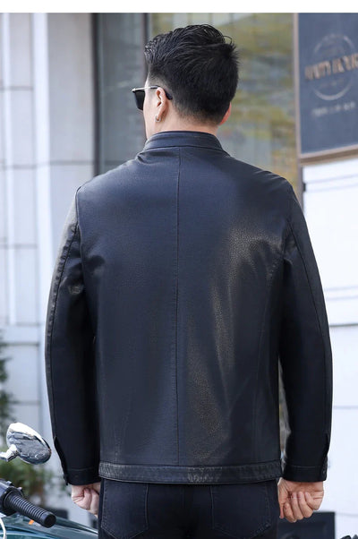 Loke™ Noir – Elegant leather coat with high collar and clean lines